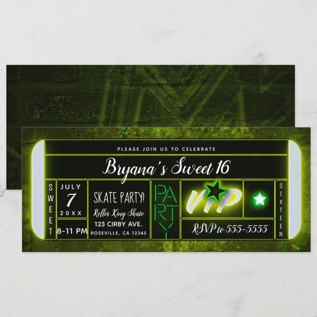 Green & Black Light Glow Birthday Party Ticket Invitation (Front/Back)