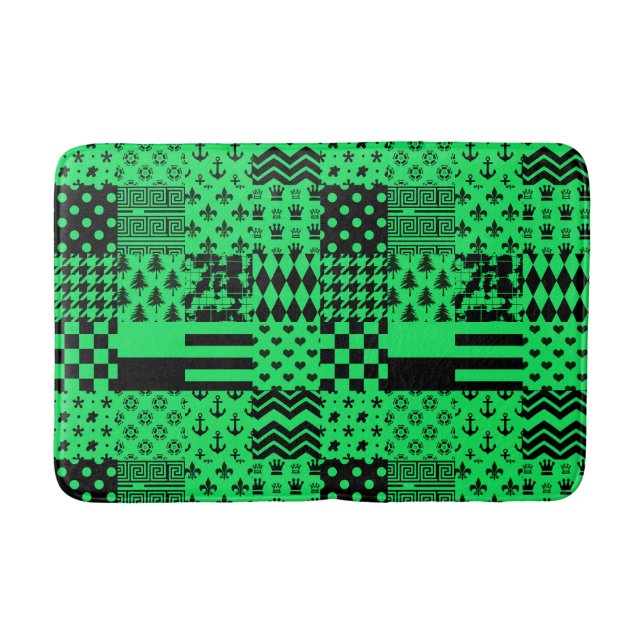 Green Black Mixed Patterns Patchwork Design  Bath Mat (Front)