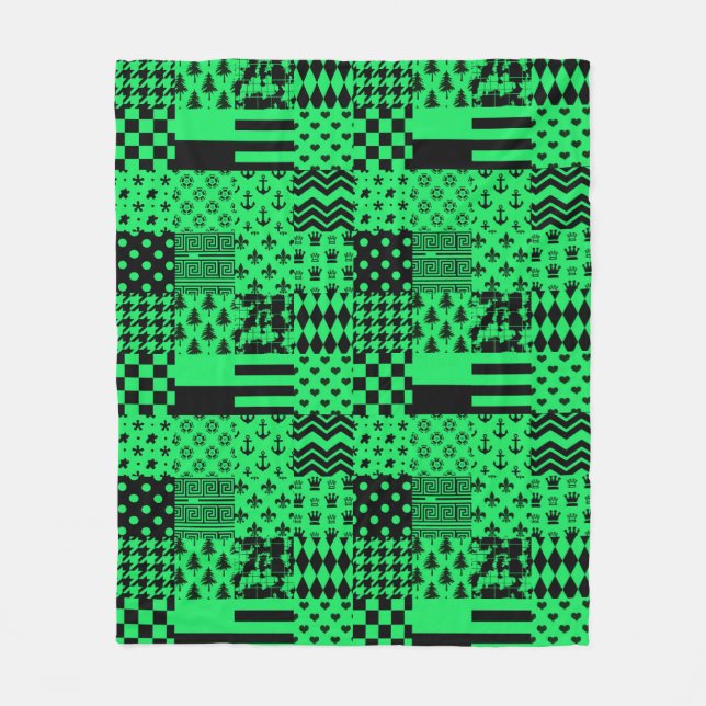 Green Black Mixed Patterns Patchwork Design  Fleece Blanket (Front)