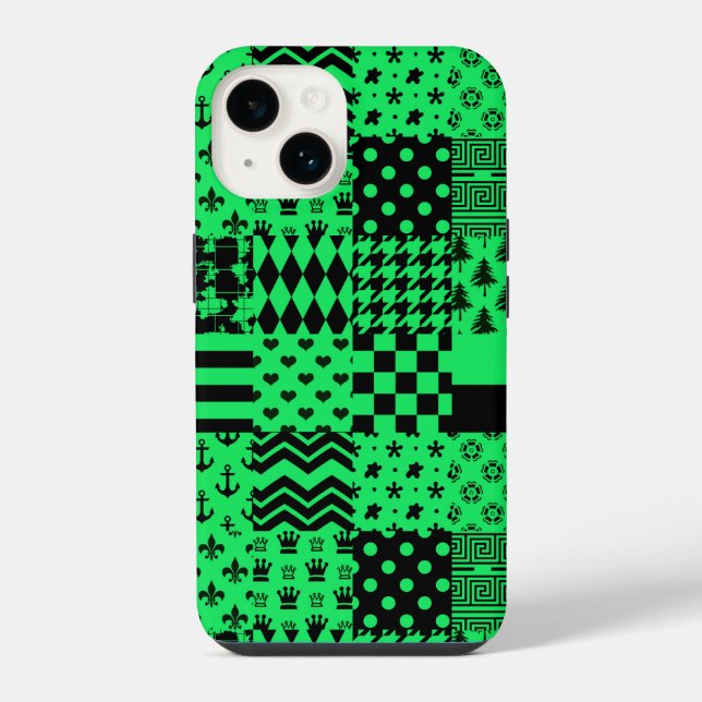 Green Black Mixed Patterns Patchwork Design  iPhone Case (Back)