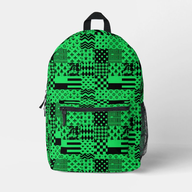 Green Black Mixed Patterns Patchwork Design  Printed Backpack (Front)