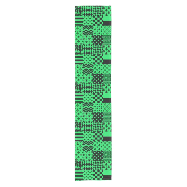 Green Black Mixed Patterns Patchwork Design  Short Table Runner (Front)