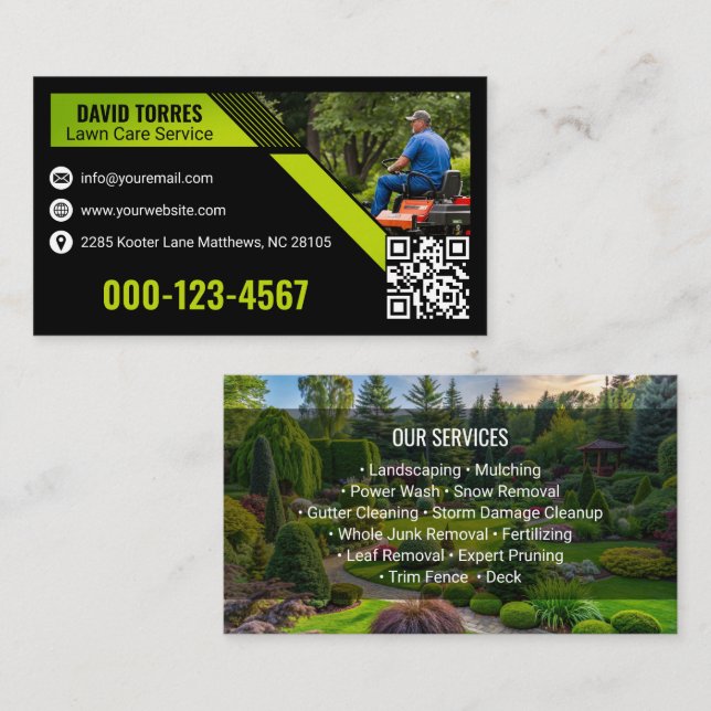 Green Black Modern Landscaping Lawn Care Business Card (Front/Back)