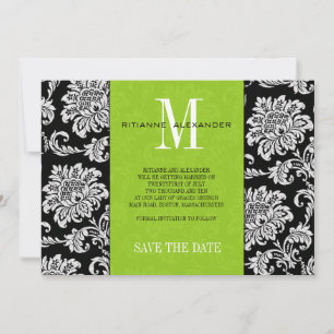 Green Black Monogram Damask Wedding Save The Date Invitation