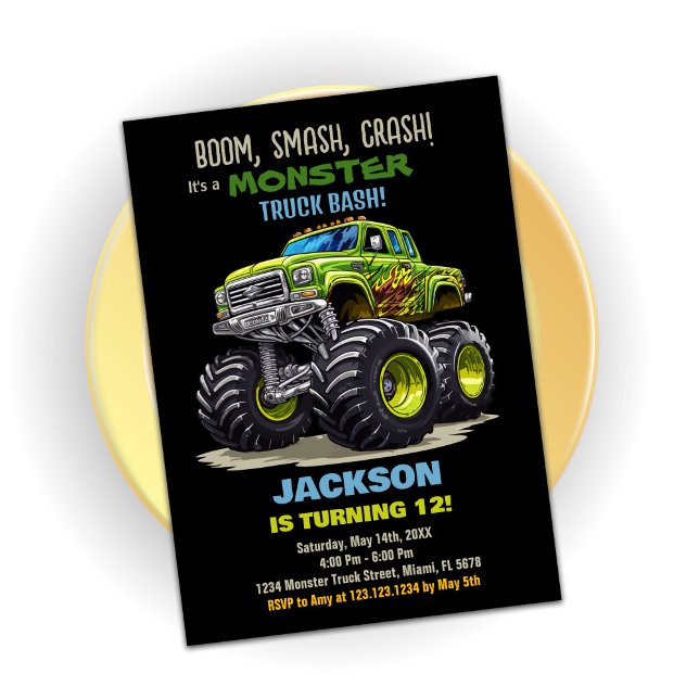 Green Black Monster Truck Invitations Anniversaire (Green Black Monster Truck Birthday Invitations)