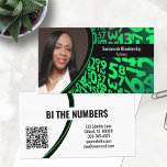 Green Black Numbers Custom Photo QR Code Business Card<br><div class="desc">A green and black numbers background on this design features a photo placeholder on the left with template name on the right. The back includes a coordinated design and colours with text fields for the business name and details. Replace the placeholder photo with your vertical format photograph and your link...</div>