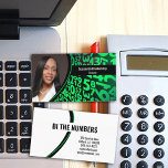 Green Black Numbers Custom Professional Photo  Business Card<br><div class="desc">A green and black numbers background on this design features a photo placeholder on the left with template name on the right. The back includes a coordinated design and colours with text fields for the business name and details. Replace the placeholder photo with your vertical format photograph. Fill in the...</div>