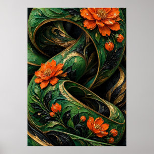 Green Black Orange Mosaic Phoenix 3D Poster