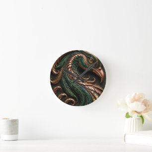 Green Black Orange Mosaic Phoenix 3D Round Clock