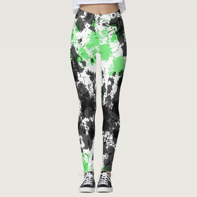 Green Black Paint Splat Leggings (Front)