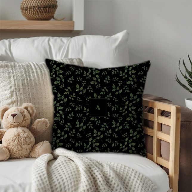 Green black pattern leaves monogram throw pillow (Creator Uploaded)
