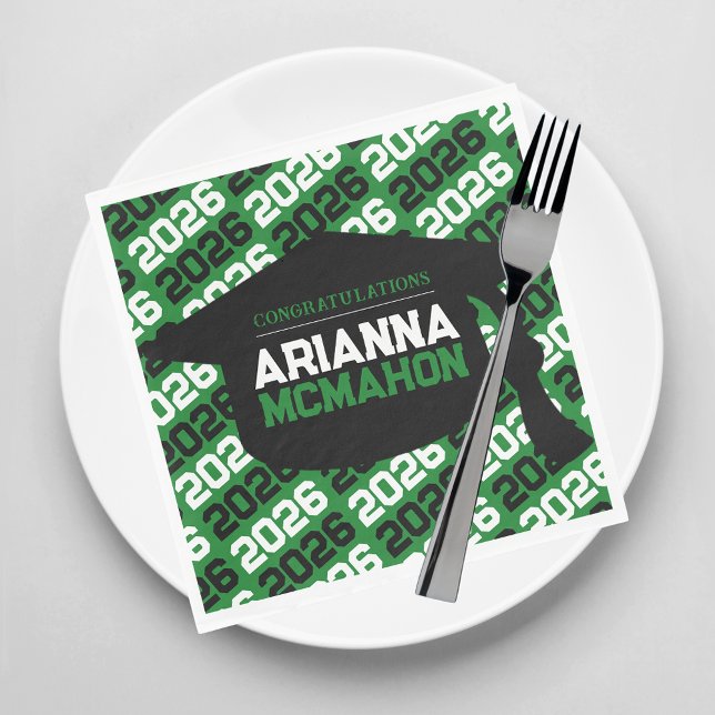 Green & Black Personalized Graduation Cap Paper Napkin (Green, White and Black Class of Any Year Graduation Party Paper Napkins)