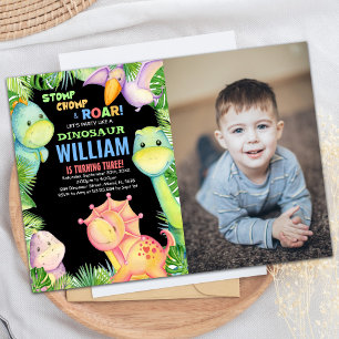Green Black Photo Dinosaur Invitations d'anniversa
