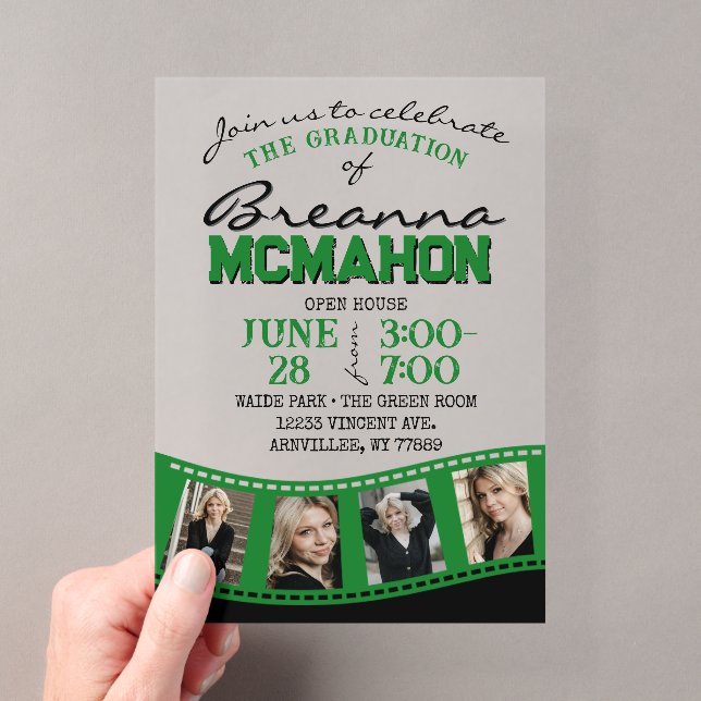 Green & Black Photo Graduation Filmstrip Frosted Acrylic Invitations (Insitu (Handheld))