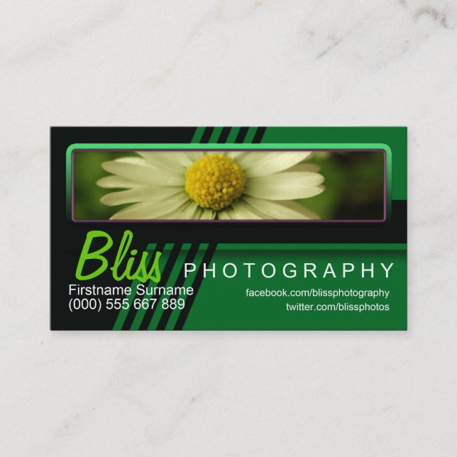 Green Black Photography w/ Photo template Business Card (Front)