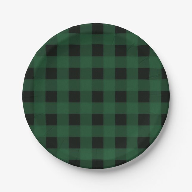 Green Black Plaid Buffalo Chequered Pattern Paper Plate (Front)