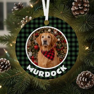Green & Black Plaid Christmas Personalized Pet Metal Ornament