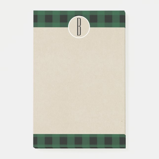 Green Black Plaid Kraft Rustic Monogram Initial Post-it Notes (Front)