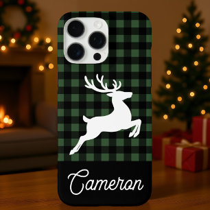 Green & Black Plaid with Reindeer Custom Name iPhone 16 Pro Max Case