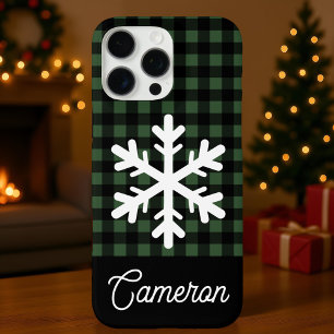 Green & Black Plaid with Snowflake Custom Name iPhone 16 Pro Max Case