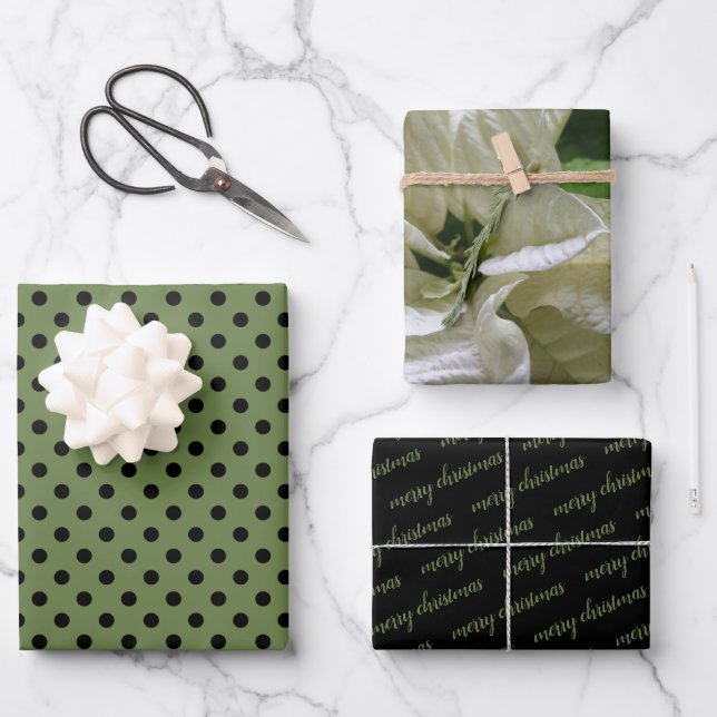 Green Black Polka Dot Poinsettia Merry Christmas Wrapping Paper Sheet (Front)