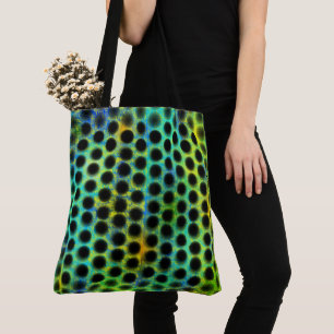 Green, black polka dots generating shapes, shadow tote bag