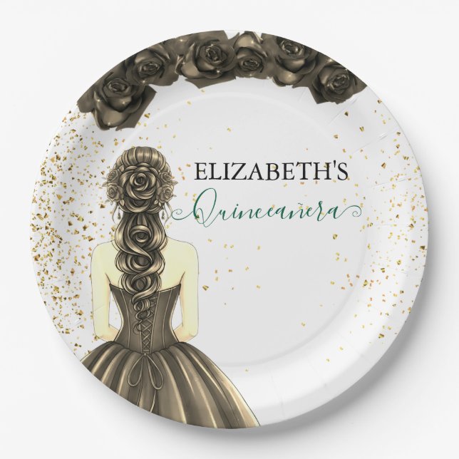 Green & Black Quinceañera Custom Paper Plat Paper Plate (Front)