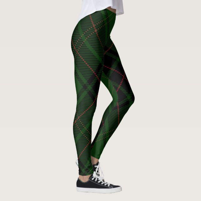 Green Black Red Trendy Diagonal Tartan Plaid Leggings (Right)