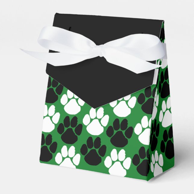 Green & Black Repeating Pawprint Gift Favor Box (Front Side)