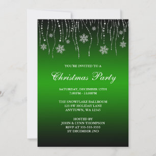 Green Black Sparkle Snowflakes Christmas Party Invitation