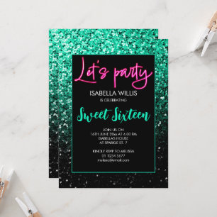 Green black sparkles Sweet 16 neon lets party  Invitation