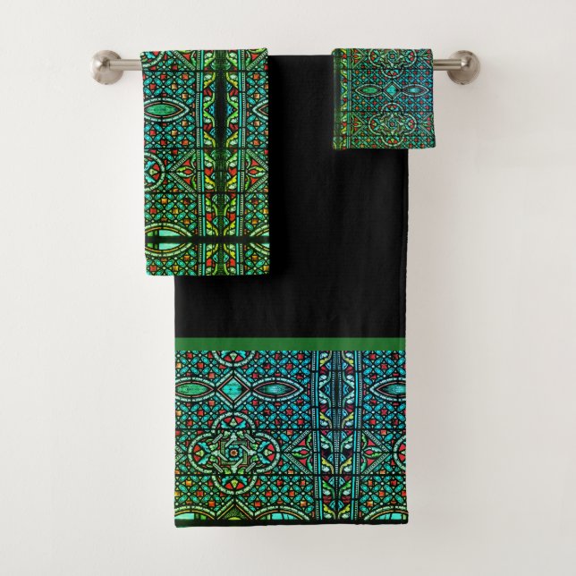 Green Black Stained Glass Pattern Bath Towel Set (Insitu)