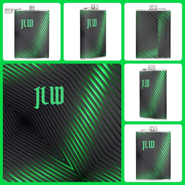 Green Black Stripes Techno Abstract with Initials Hip Flask (Creator Uploaded)