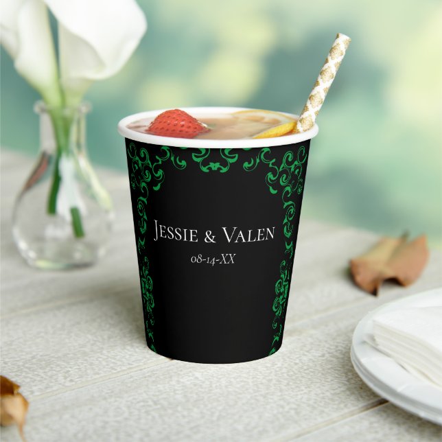 Green & Black Swirl Gothic Wedding Paper Cups (Insitu)