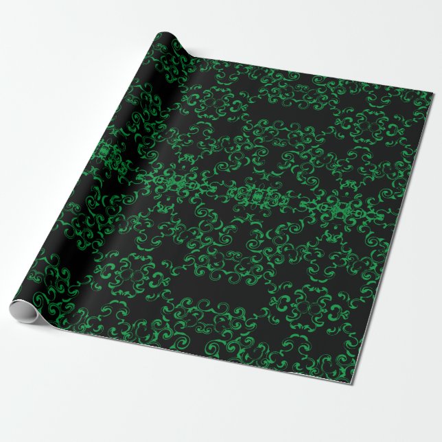 Green & Black Swirl Gothic Wedding Wrapping Paper (Unrolled)