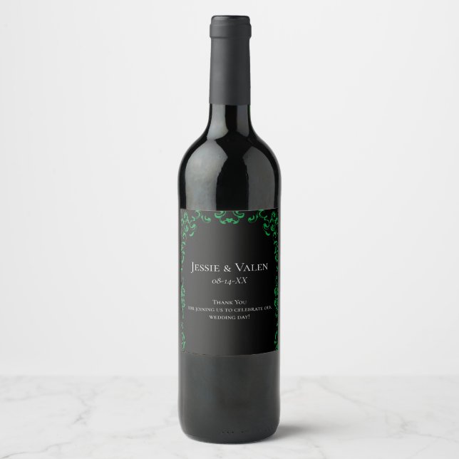 Green Black Swirl Wedding Wine Label (Front)
