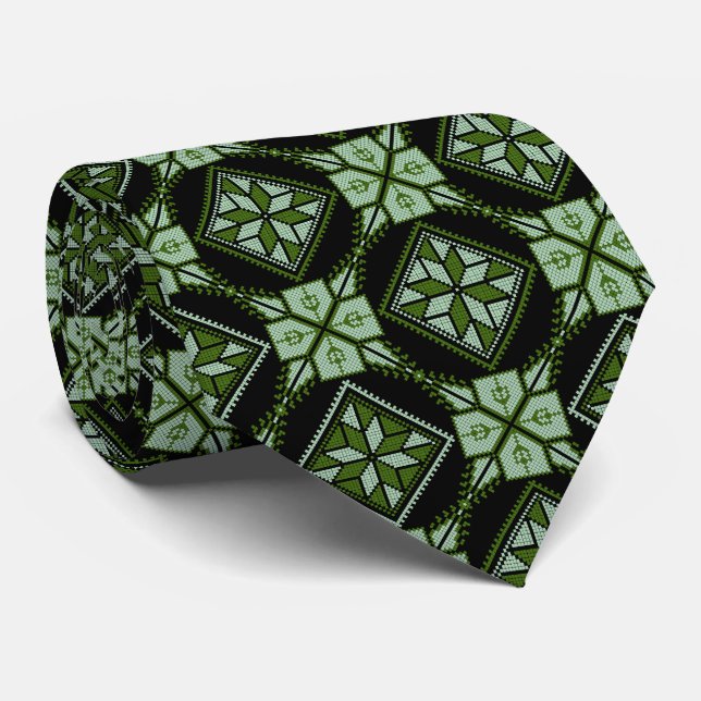 Green & Black Tatreez Henna Thobe Print Pattern Tie (Rolled)