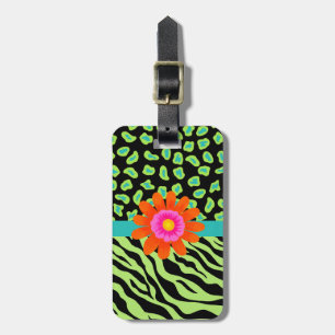 Green, Black & Teal Zebra & Cheetah Orange Flower Luggage Tag