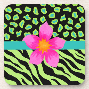 Green, Black & Teal Zebra & Cheetah Pink Flower Coaster