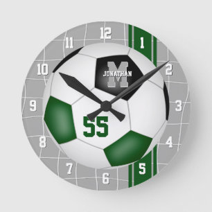 Green black team colours varsity stripes soccer round clock