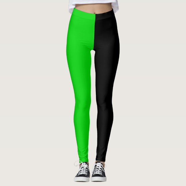 Green Black Two Tone Half Colour Split Leggings (Front)