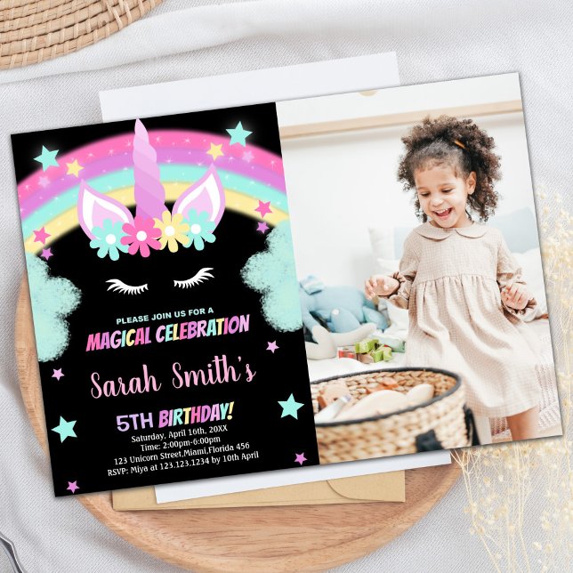 Green Black Unicorn Anniversaire Invitations avec  (Green Black Unicorn Birthday Invitations w photo)