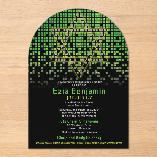Green Black Video Game Gamer Bar Mitzvah  Acrylic Invitations
