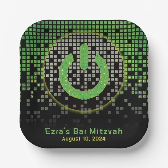 Green Black Video Game Gamer Bar Mitzvah Paper Plate (Front)