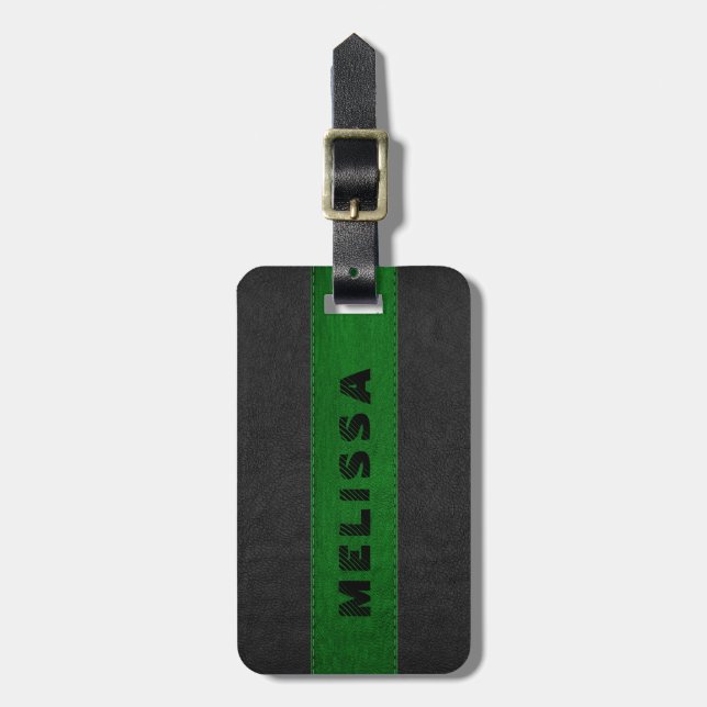 Green & Black Vintage Leather Texture Luggage Tag (Front Vertical)