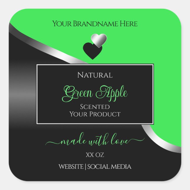 Green Black Wavy Silver Cute Hearts Product Labels (Front)