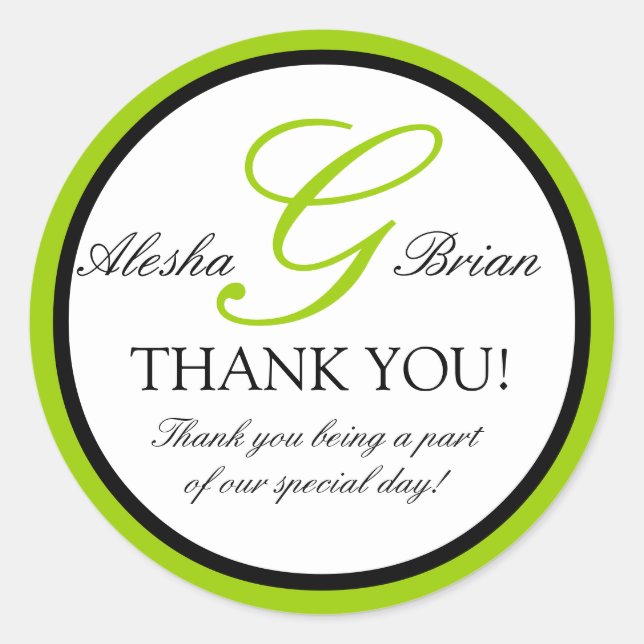 Green Black Wedding Favour Thank You Stickers (Front)