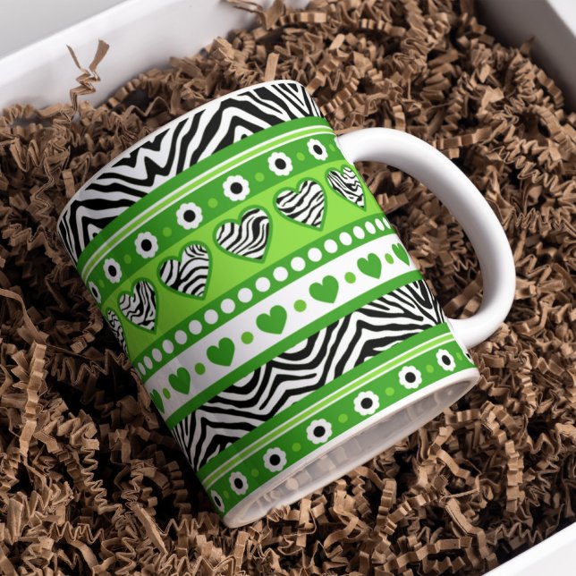 Green black & white abstract zebra hearts and dots coffee mug (Creator Uploaded)