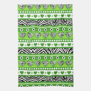Green black & white abstract zebra hearts and dots kitchen towel