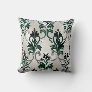 Green, Black, White and Silver Damask Style Throw Pillow